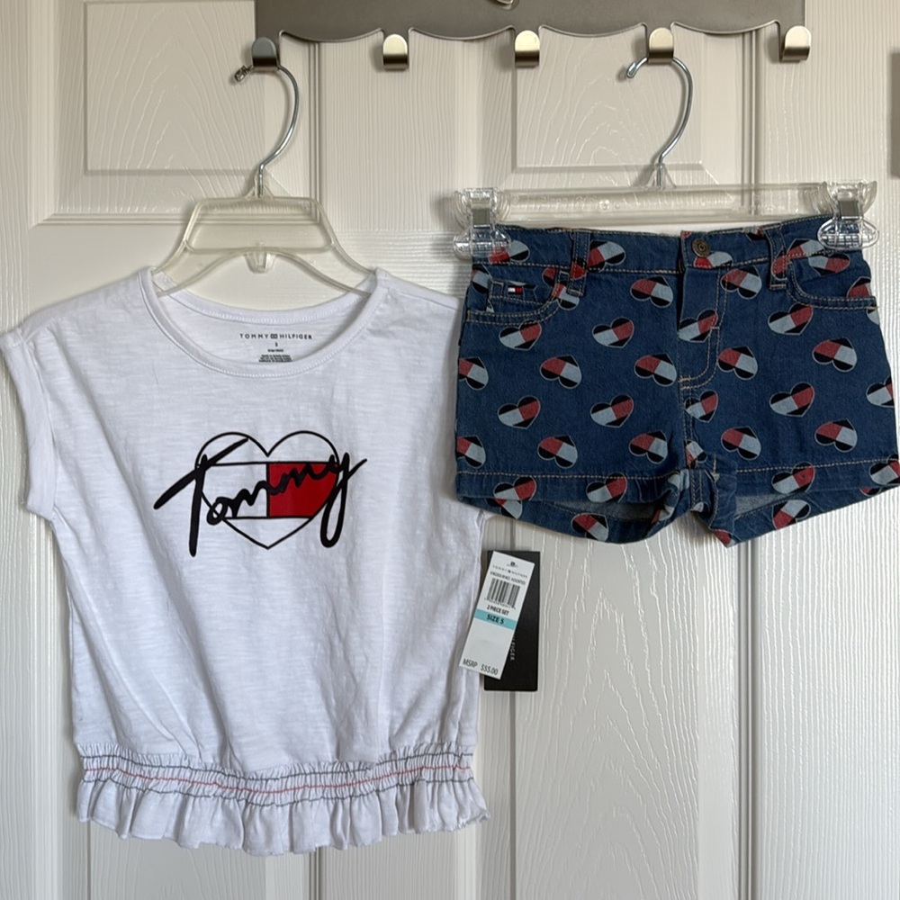 New! Tommy Hilfiger Heart Logo Tee and Patterned Denim Shorts, Size 5T